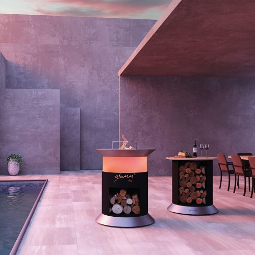Alba Grill by GlammFire, an elegant outdoor barbecue with a circular design and fire pit, perfect for stylish grilling and outdoor dining.