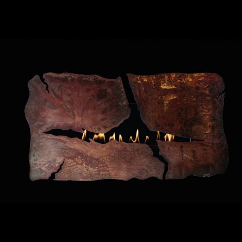 Apollo IV rusted bioethanol wall fireplace by GlammFire with a distinctive cracked design.
