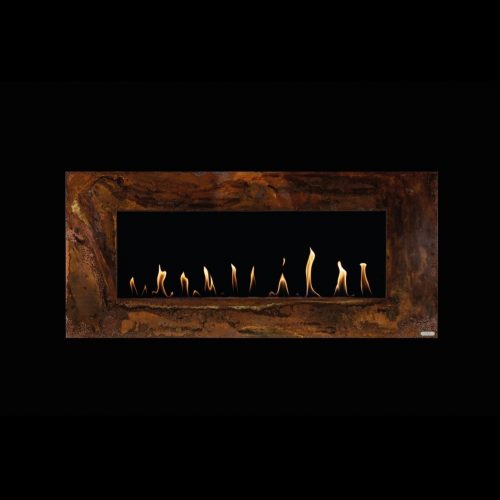 Apollo bioethanol wall-mounted fireplace with a rusted finish, designed by GlammFire. Features clean, modern flame presentation.