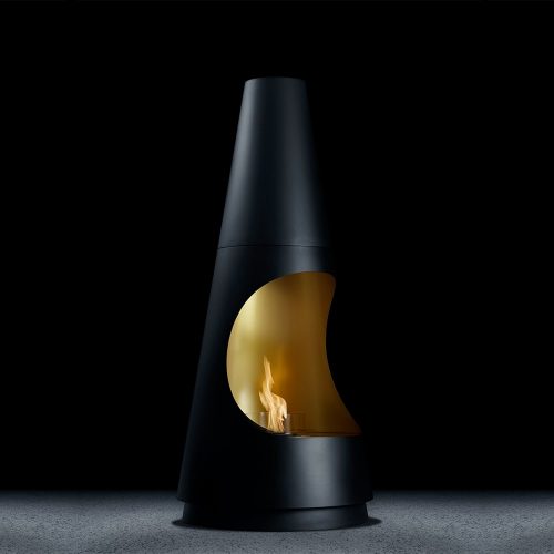 Side view of Archimedes bioethanol fireplace by GlammFire with black and gold design in a dark minimalist setting