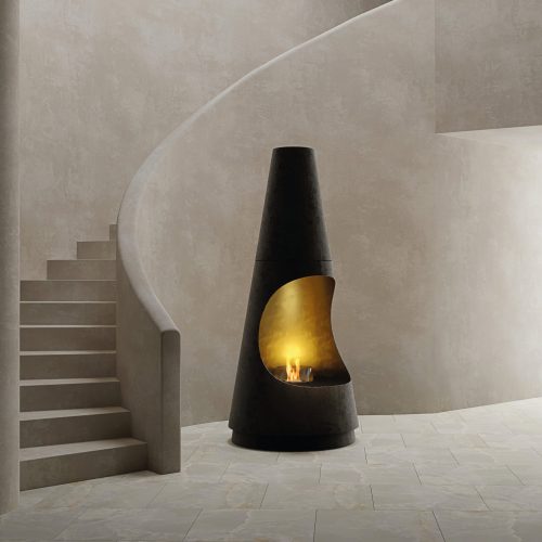 Archimedes bioethanol fireplace by GlammFire in modern minimalist staircase setting