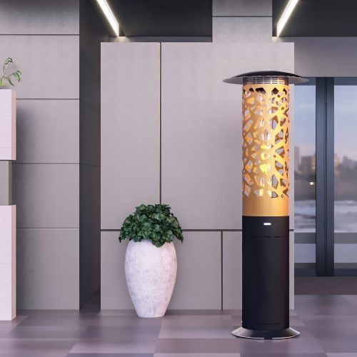 Hyperion Tile outdoor gas heater by GlammFire, located at the entrance of a hotel, showcasing its modern design with intricate tile-pattern cut-outs.