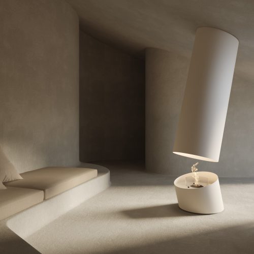 Lareira Contour 13 a bioetanol da GlammFire em ambiente minimalista de design contemporâneo.