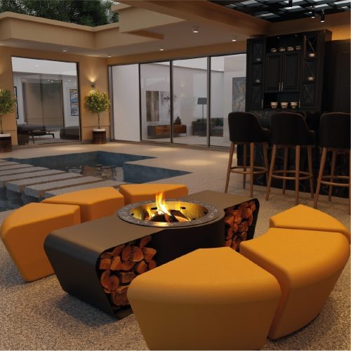Circus fire pit with modular seating by GlammFire, featured in an elegant indoor poolside setting.