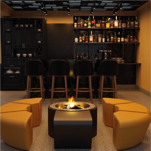 Circus fire pit by GlammFire with modular seating in a luxurious outdoor bar setting.