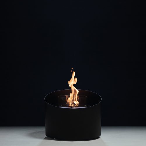 Contour bioethanol floor fireplace by GlammFire with minimalist black cylindrical design