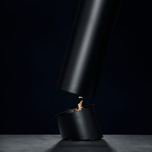 Side view of minimalist suspended bioethanol fireplace Contour 13 by GlammFire