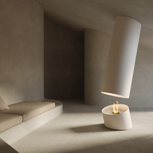 White suspended bioethanol fireplace Contour 13 by GlammFire in a minimalist beige interior