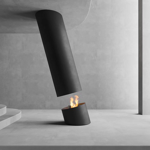 Minimalist suspended bioethanol fireplace Contour 13 by GlammFire in a modern concrete setting