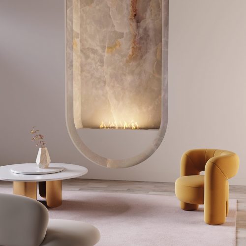 Fire Line EVOPlus bioethanol fireplace set in a luxurious marble wall in a modern, stylish living room.