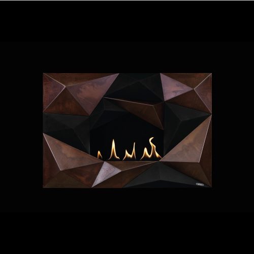 Crystal bioethanol wall fireplace featuring a modern geometric design with rust and black finishes.