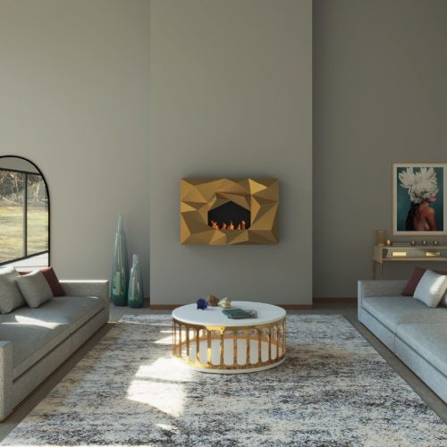 Gold Crystal bioethanol wall fireplace installed in a luxury living room with modern decor and elegant furnishings.