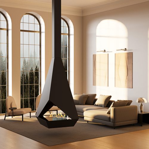 Lareira suspensa Eudoxus a bioetanol da GlammFire em sala elegante com janelas amplas e design contemporâneo.