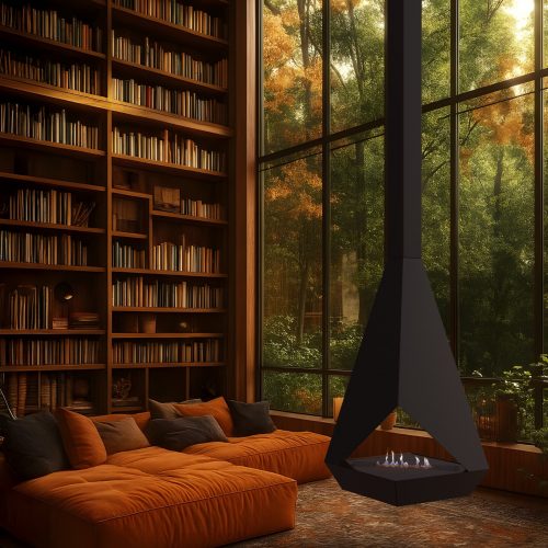 Lareira suspensa Eudoxus a bioetanol da GlammFire em biblioteca moderna com janelas panorâmicas e sofá em tons terra.