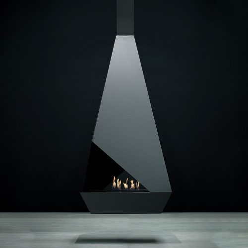 Side view of Eudoxus , suspended bioethanol fireplace with a contemporary design in black and gold.