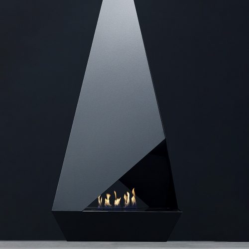 Side view of Eudoxus , suspended bioethanol fireplace with a contemporary design in black and gold.