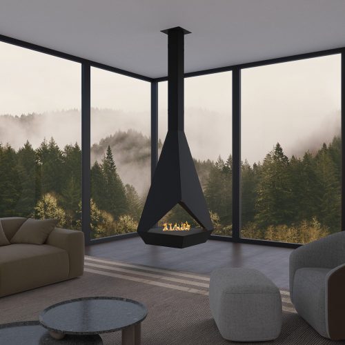 Eudoxus suspended bioethanol fireplace in a modern living room with panoramic forest view