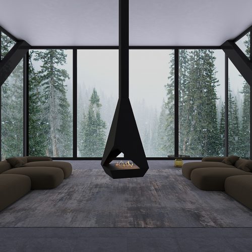 Eudoxus bioethanol suspended fireplace in a luxury living room with forest view