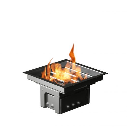 Gas burning square fire zone by GlammFire, designed for outdoor or built-in settings, providing a modern and efficient heating solution.