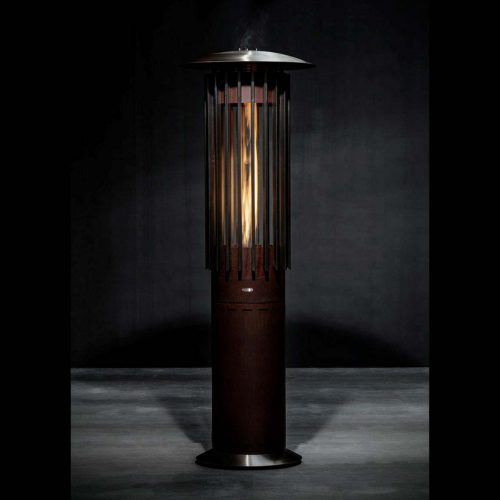 Hyperion Hedges outdoor gas heater by GlammFire with a sleek cylindrical design, featuring vertical metal slats, perfect for terraces and luxury outdoor areas.