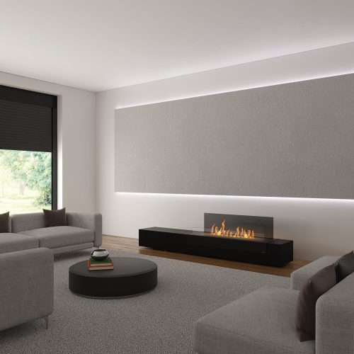 Modern living room featuring the Loft bioethanol floor fireplace by GlammFire, with sleek black design and eco-friendly flame.