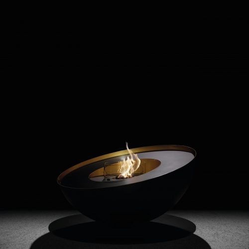 Mileto bioethanol floor fireplace by GlammFire in an elegant angled view, showcasing its modern design and eco-friendly flame.