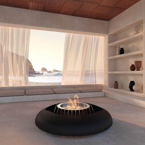 Fire pit Mime a bioetanol em ambiente sereno com vista para o mar.