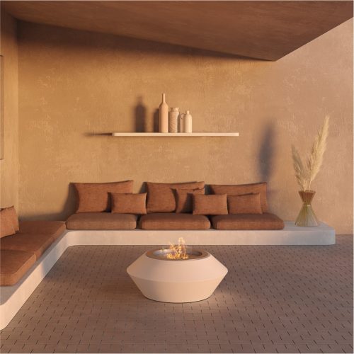Operetta bioethanol fire pit in a modern outdoor lounge area with neutral tones.