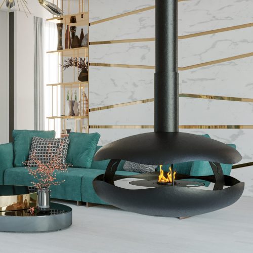 Lareira suspensa Perola Plus a bioetanol da GlammFire em sala contemporânea com sofá verde esmeralda e detalhes dourados.