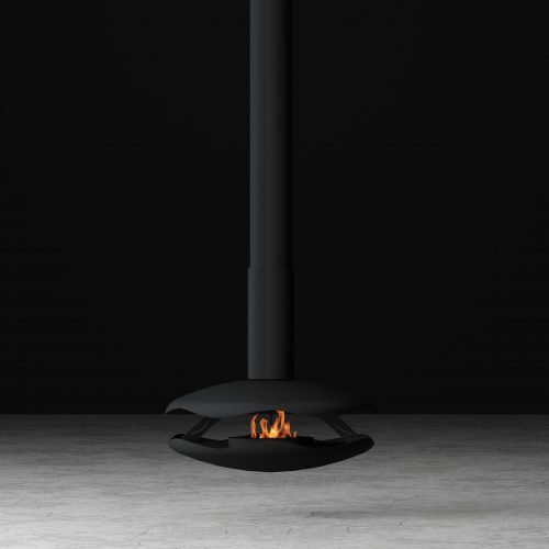 Perola suspended bioethanol fireplace by GlammFire with a mechanical burner, in a modern black minimalist design