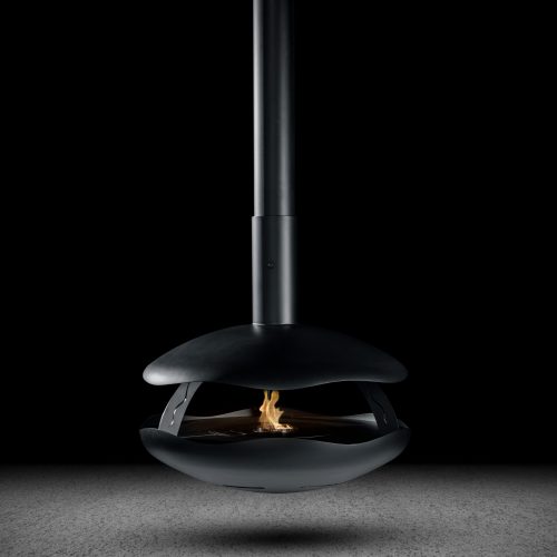 Perola Plus suspended bioethanol fireplace by GlammFire with automatic burner in a sleek black design