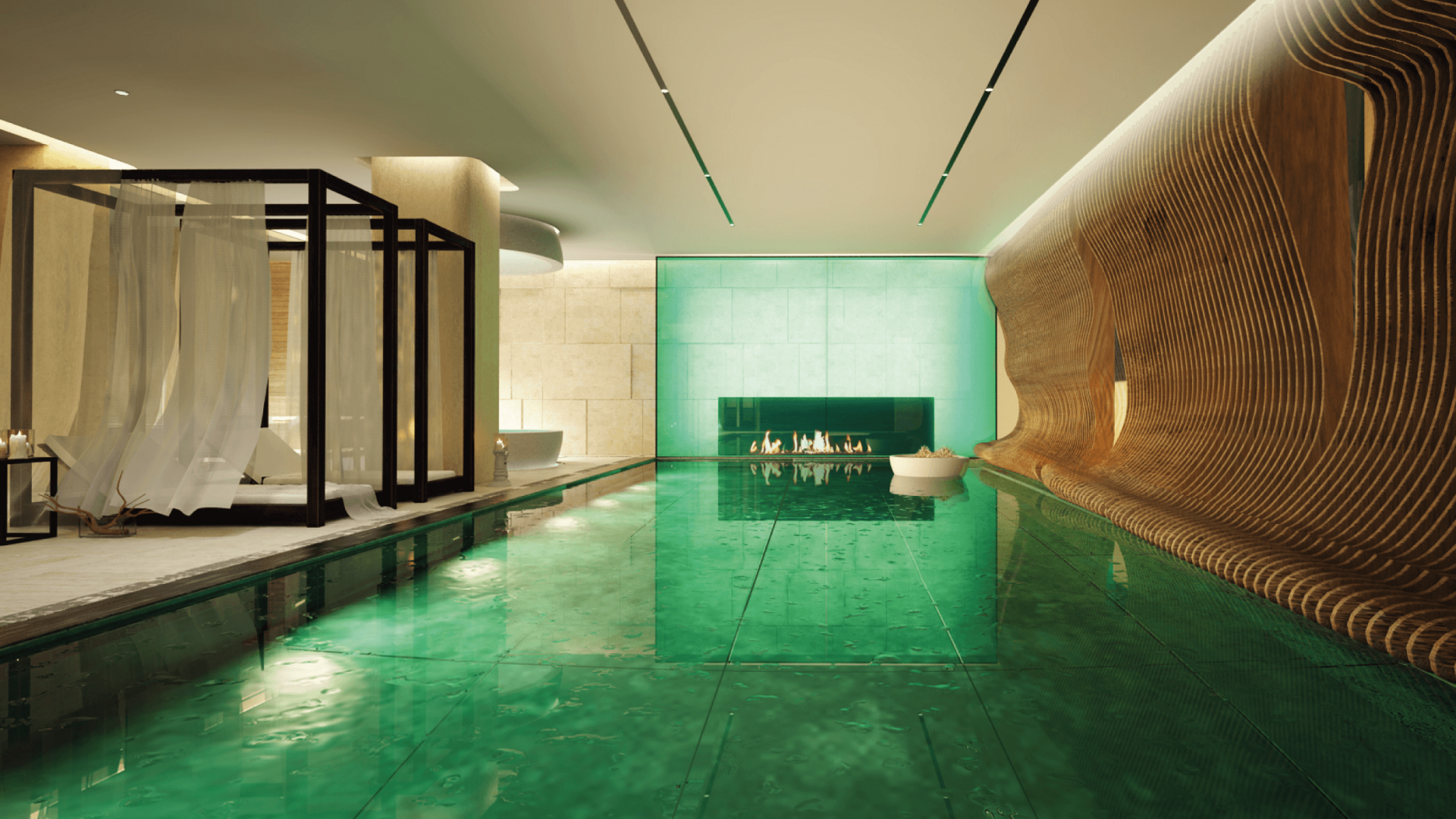Fire Line bioethanol fireplace in a luxurious hotel spa with a pool and loungers