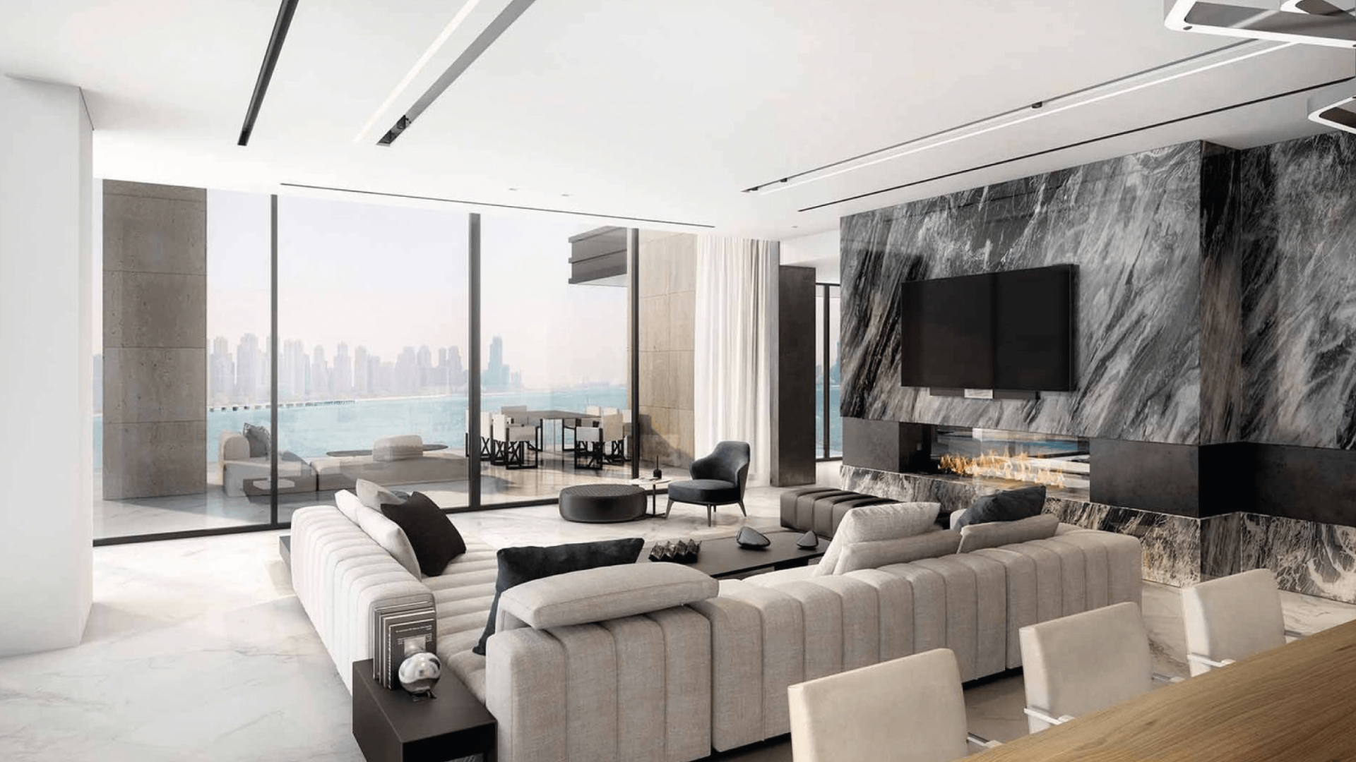 Luxury bioethanol fireplace in a modern living room at Palm Jumeirah with a stunning cityscape view.