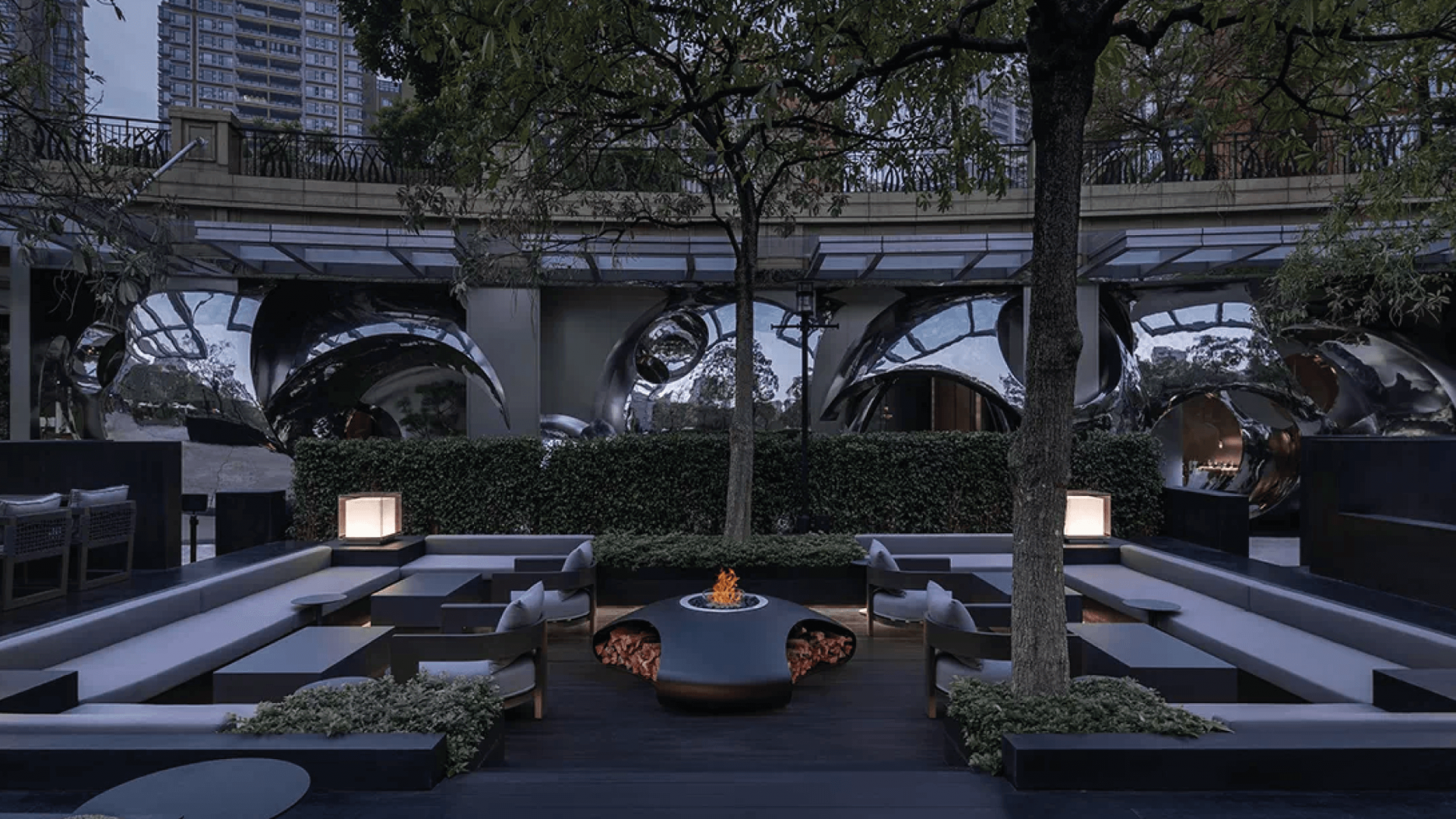 GlammFire Fire Pit Vaudeville in a modern restaurant in China, creating a sophisticated outdoor ambiance.