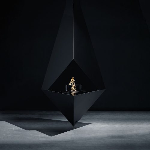 Front view of Pythagoras, suspended bioethanol fireplace with a contemporary design in black.