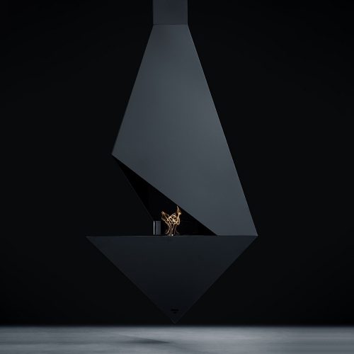 Side view of Pythagoras , suspended bioethanol fireplace with a contemporary design.