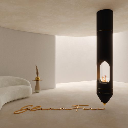 The Signature suspended bioethanol fireplace with black finish and gold details in a minimalist modern white room with a sofa and a gold floor engraving.