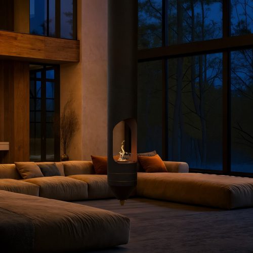 Lareira suspensa Signature a bioetanol da GlammFire com rotação 360º em sala moderna com grandes janelas panorâmicas.