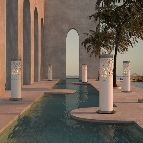Outdoor gas heaters Selene Tile by GlammFire, featuring an intricate white cylindrical design, placed in a serene architectural setting, perfect for modern outdoor spaces.