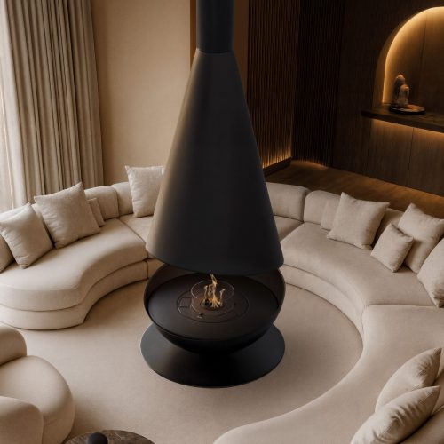 Lareira suspensa Thales a bioetanol da GlammFire em sala de design contemporâneo com sofás curvos.