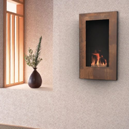 Tango bioethanol wall-mounted fireplace with rustic finish and modern rectangular design.