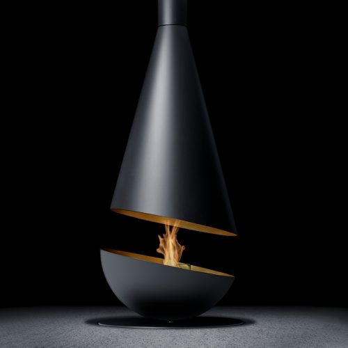 Side view of Thales, suspended bioethanol fireplace with a contemporary design in black and gold.