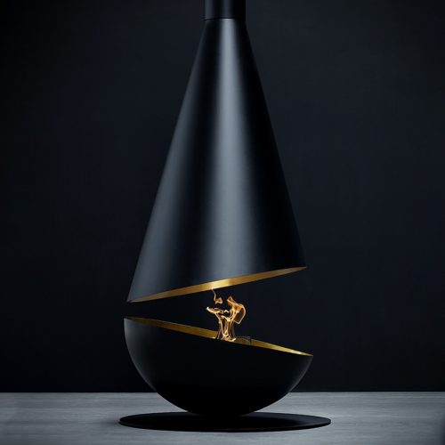 Thales, suspended bioethanol fireplace with a contemporary design in black and gold in a modern studio setting