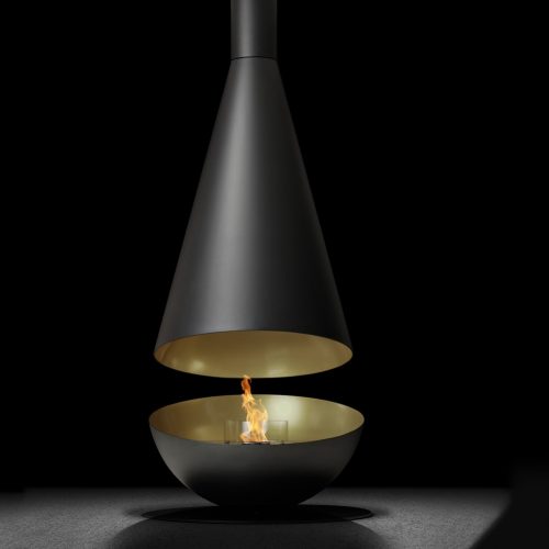 Front view of Thales, suspended bioethanol fireplace with a contemporary design in black and gold.