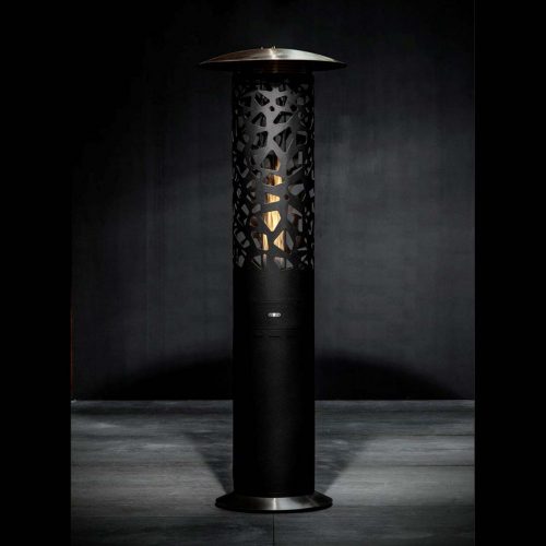 Hyperion Tile outdoor gas heater by GlammFire with a sleek black design and artistic cutouts, perfect for enhancing modern outdoor settings.