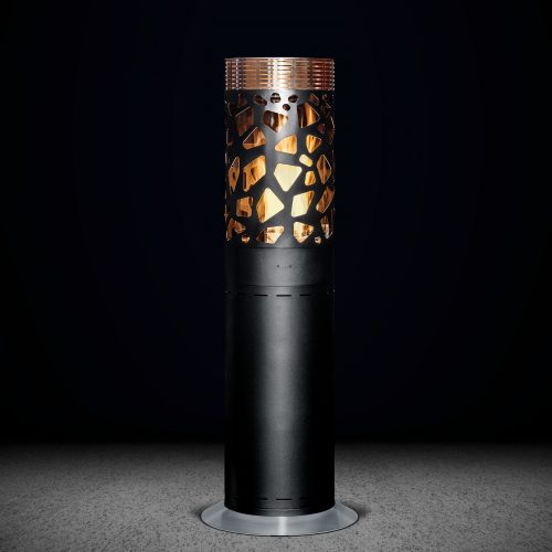Selene Tile outdoor gas heater by GlammFire, showcasing a modern black cylindrical design with artistic cutouts illuminated from within, ideal for stylish outdoor spaces.