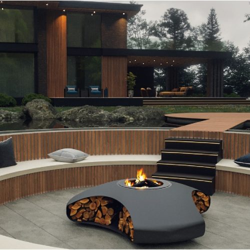 Modern fire pit Vaudeville with integrated wood storage in a luxury outdoor lounge.