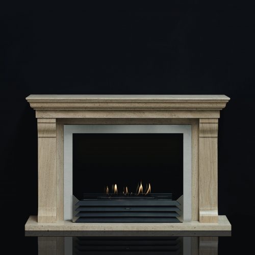 York bioethanol fireplace insert fitted in a classic stone mantel, by GlammFire, with a clean and elegant flame.