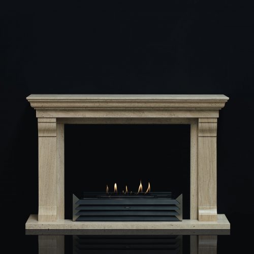 York bioethanol fireplace insert fitted in a classic stone mantel, by GlammFire, with a clean and elegant flame.