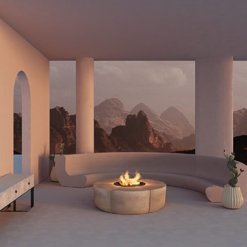 Luxurious outdoor lounge with mountain views featuring the Zarzuela Fire Pit by GlammFire, a round concrete fire pit creating a warm ambiance.